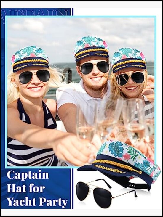Captain Hat 4pc Sailor Yacht Boat Floral Cap Sunglasses Costume Accessory Party main image 5
